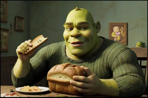 Generated image of Steve Harwell as Shrek, eating bread