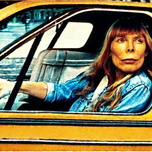 Generated image of Joni Mitchell driving a cab.