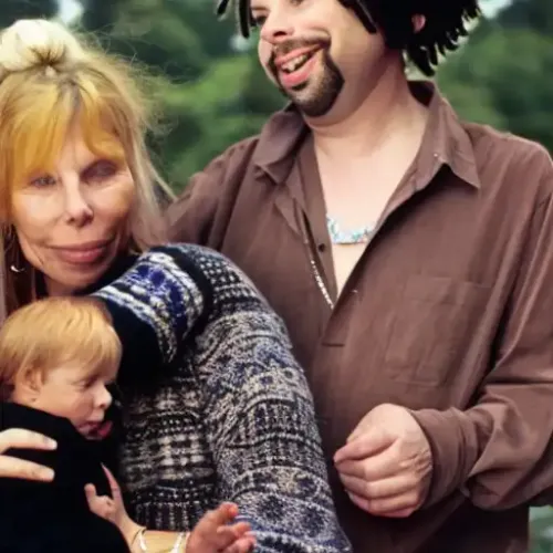 Generated image of Joni Mitchell holding a baby.