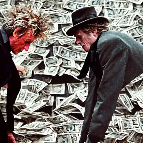 Generated image of Tom Waits and Rod Stewart in a pile of money.