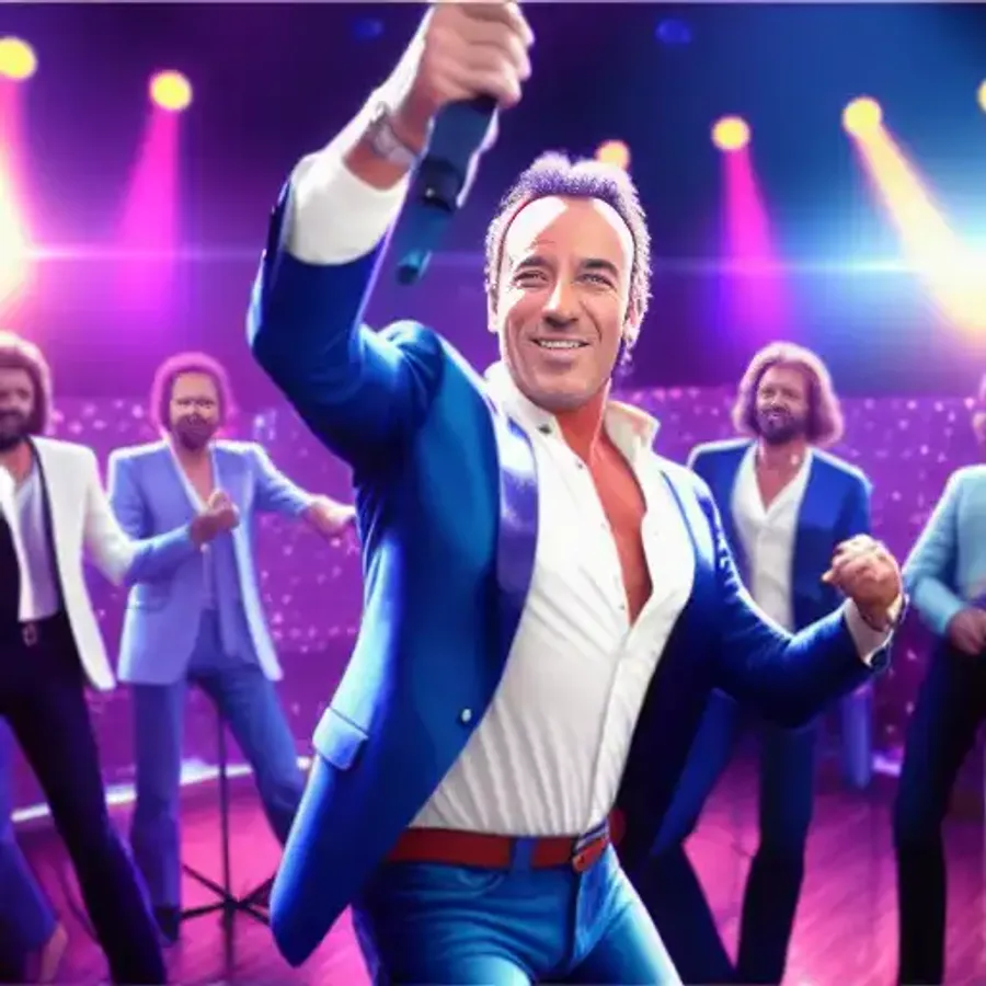Generated image of Bruce Springsteen disco dancing with Bee Gees